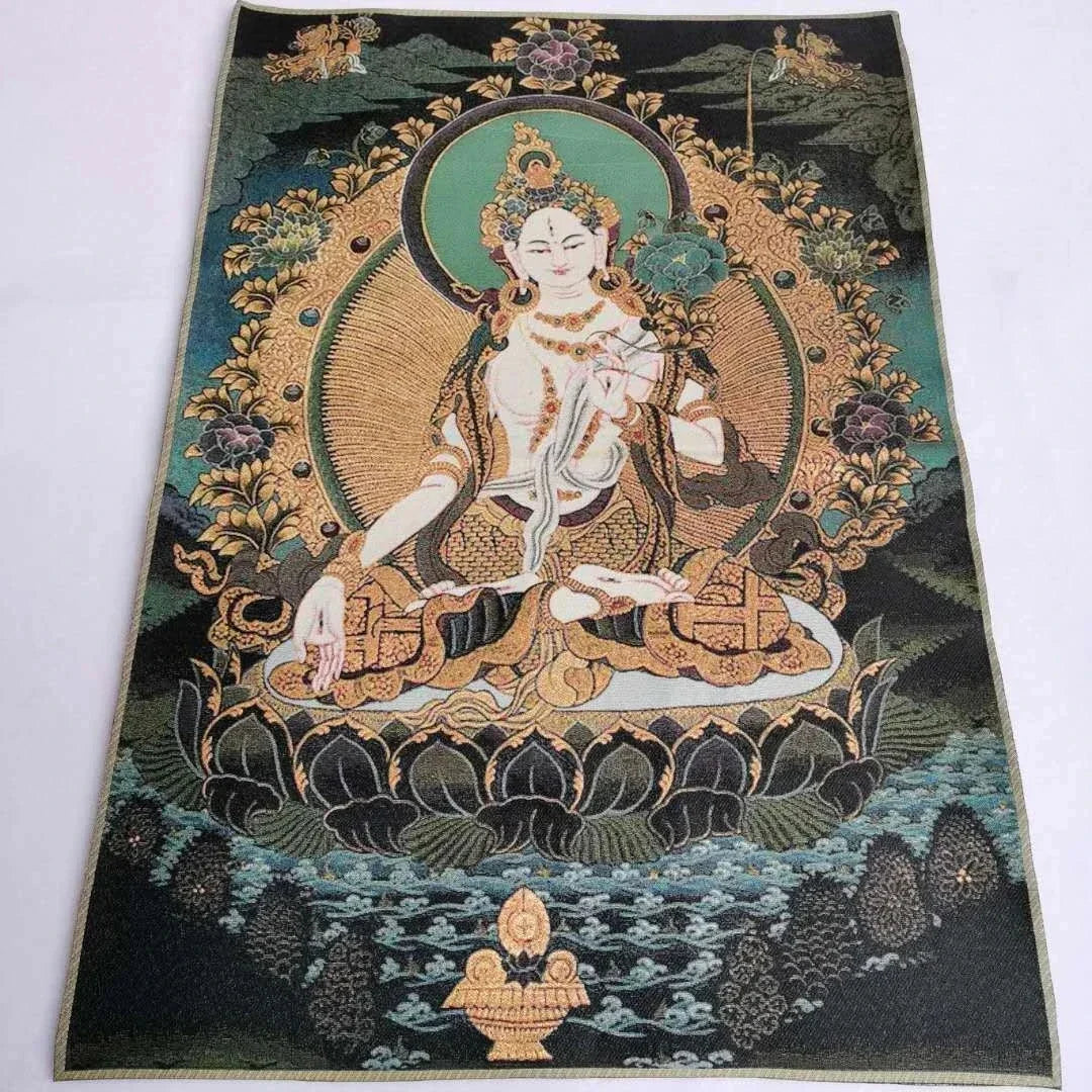 36" Tibet Tibetan Cloth Silk White Tara Guanyin Kwan-yin Tangka Thangka Mural