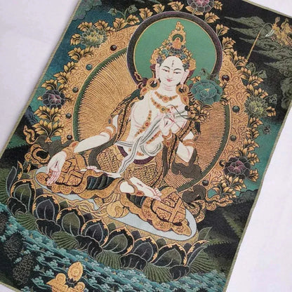 36" Tibet Tibetan Cloth Silk White Tara Guanyin Kwan-yin Tangka Thangka Mural