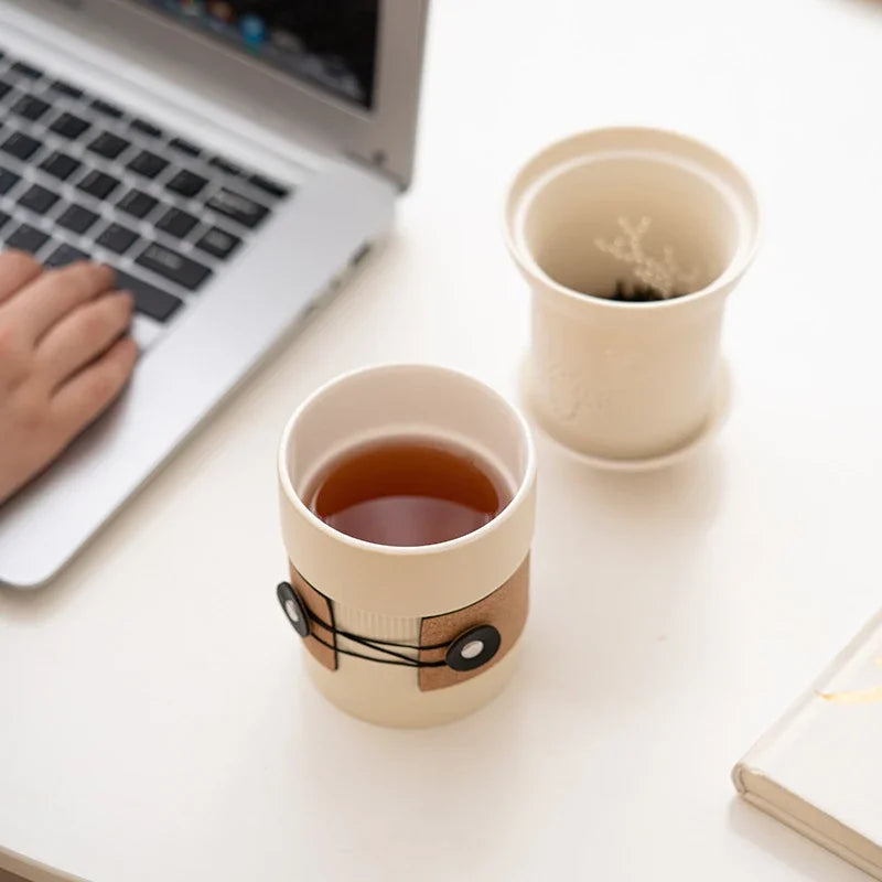 360ml Cream Yellow Half Cut Brewing Tea Cup Anti Scalding Water Coffee Mug Ceramic Milk Cup Office Mug with Strainer Drinkware