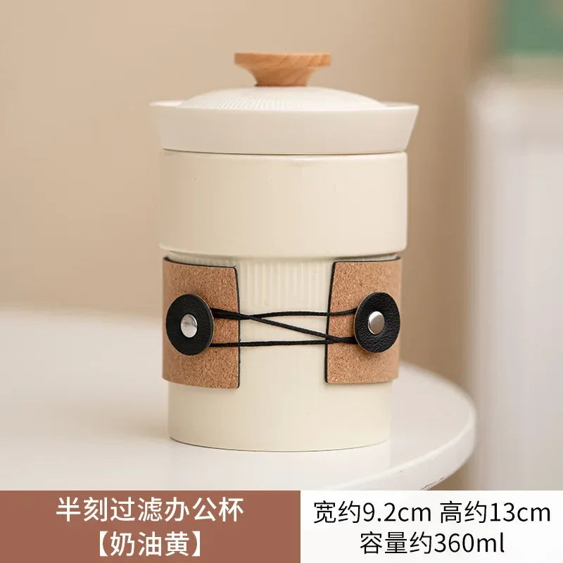 360ml Cream Yellow Half Cut Brewing Tea Cup Anti Scalding Water Coffee Mug Ceramic Milk Cup Office Mug with Strainer Drinkware