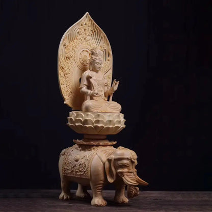 36cm Manjushri Bodhisattva Samantabhadra Figure Cypress Wood Buddha Sculpture Riding Elephant Lion Buddhism Statue Home Decor