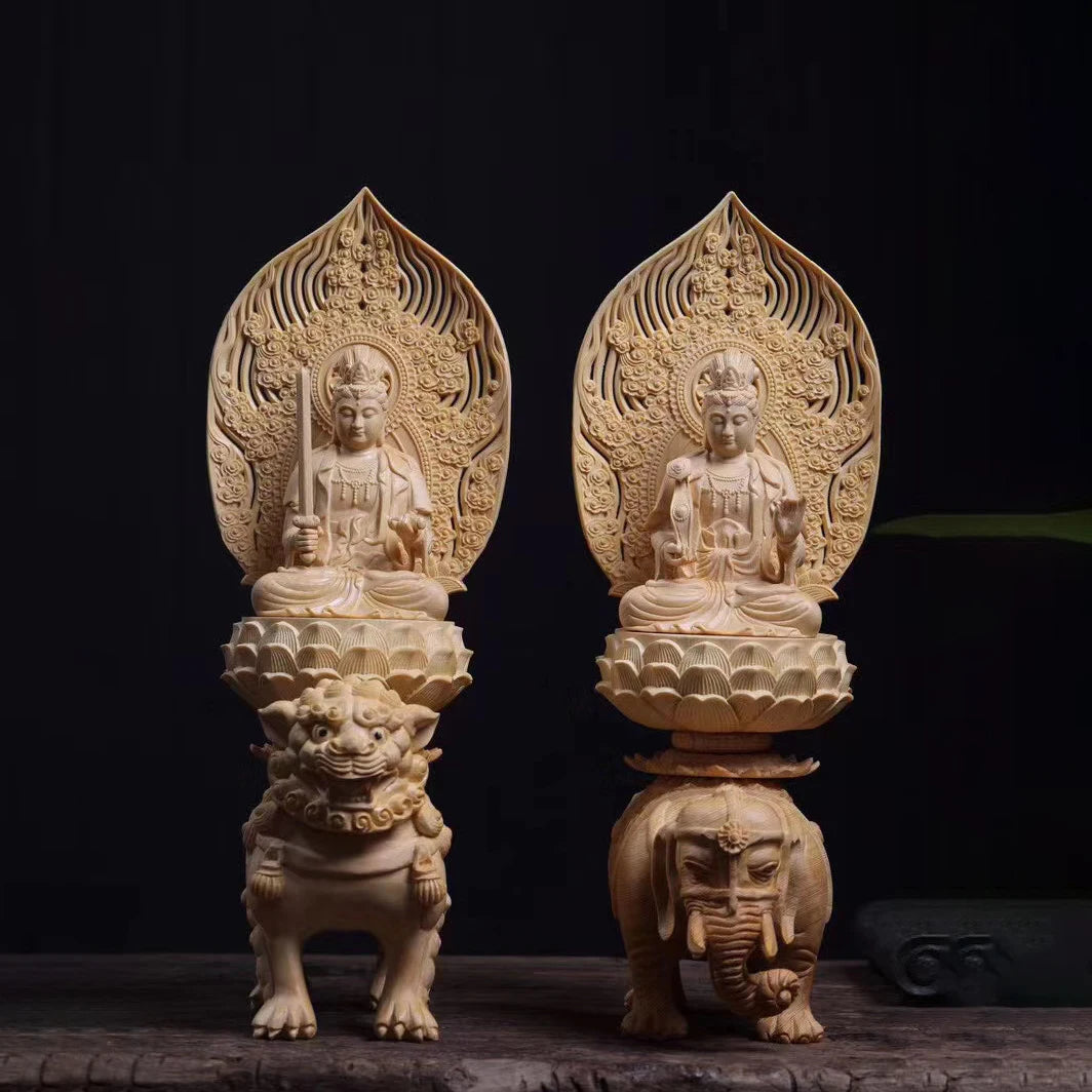 36cm Manjushri Bodhisattva Samantabhadra Figure Cypress Wood Buddha Sculpture Riding Elephant Lion Buddhism Statue Home Decor