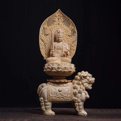 36cm Manjushri Bodhisattva Samantabhadra Figure Cypress Wood Buddha Sculpture Riding Elephant Lion Buddhism Statue Home Decor