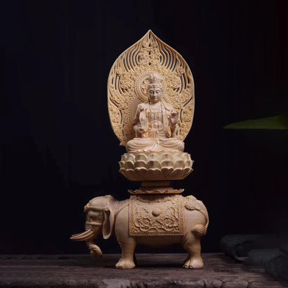 36cm Manjushri Bodhisattva Samantabhadra Figure Cypress Wood Buddha Sculpture Riding Elephant Lion Buddhism Statue Home Decor