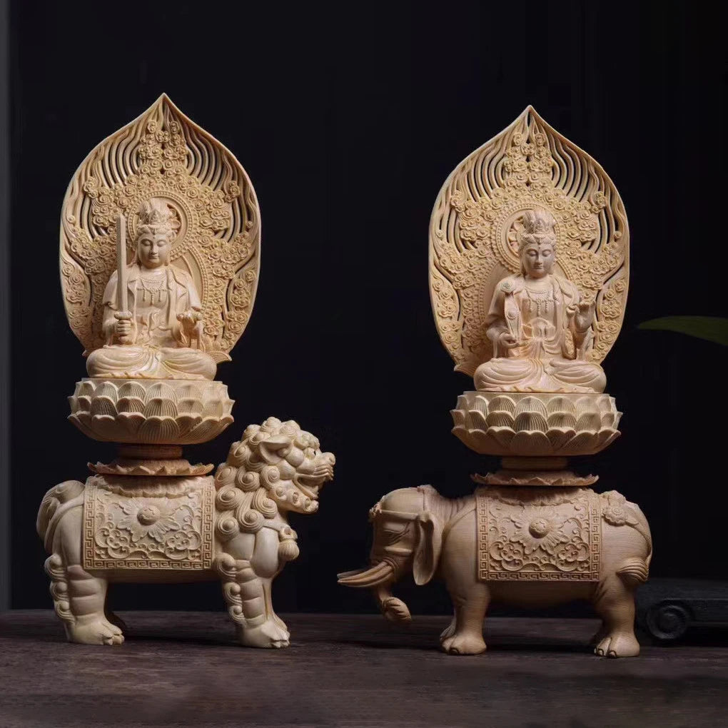 36cm Manjushri Bodhisattva Samantabhadra Figure Cypress Wood Buddha Sculpture Riding Elephant Lion Buddhism Statue Home Decor
