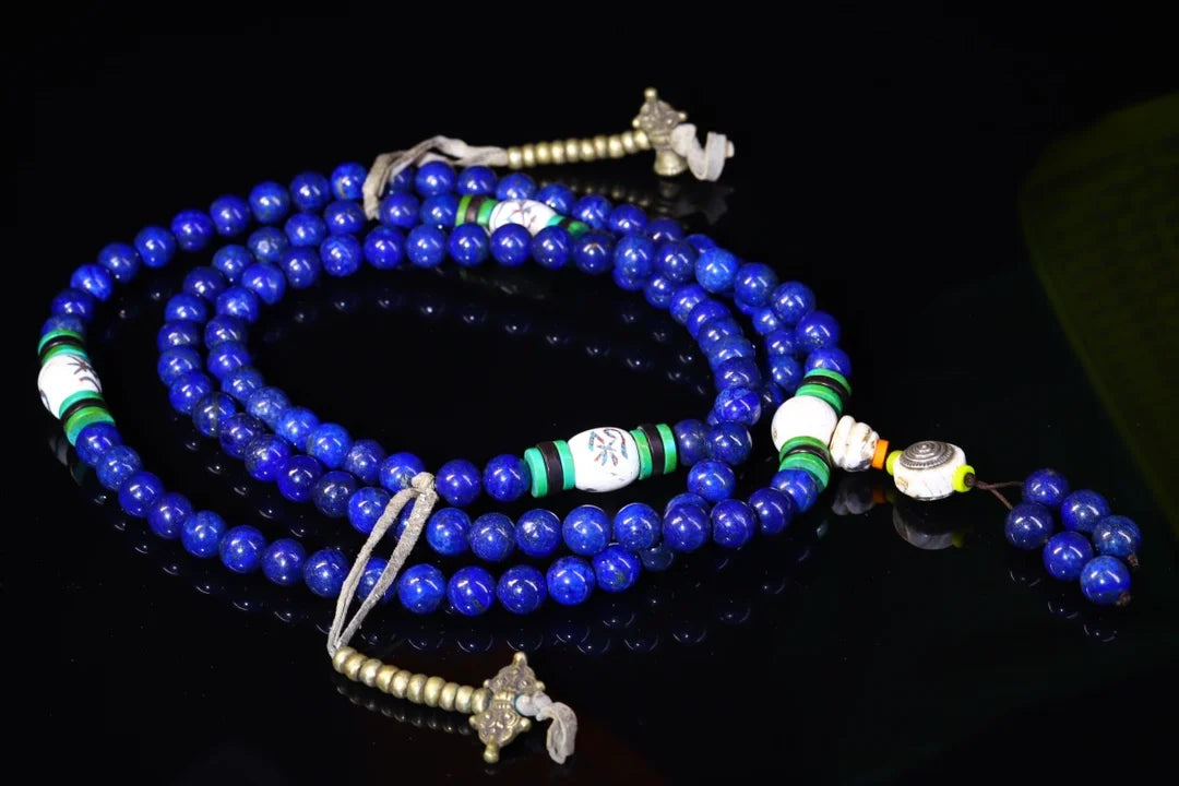 37"Tibetan Temple Collection Old Natural lapis lazuli 108Buddha Beads Necklace Pendant Rosary Town House Exorcism