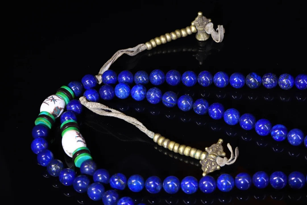 37"Tibetan Temple Collection Old Natural lapis lazuli 108Buddha Beads Necklace Pendant Rosary Town House Exorcism