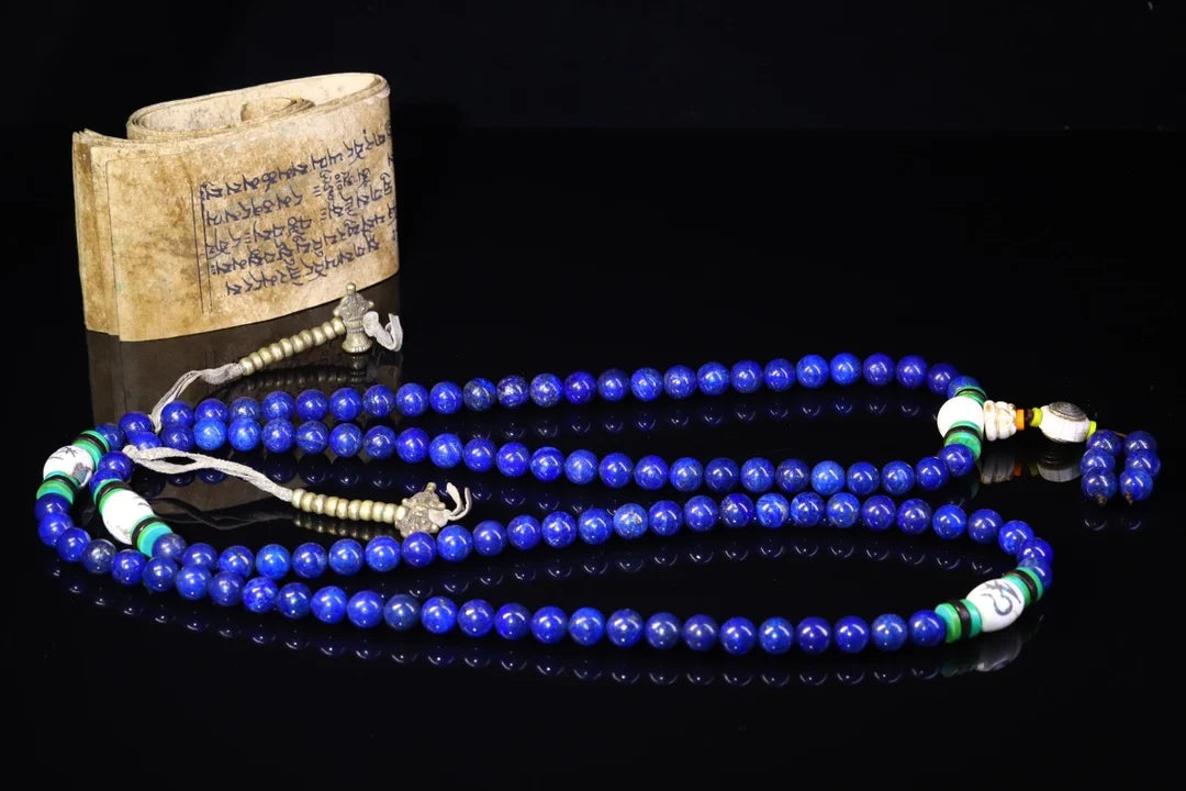 37"Tibetan Temple Collection Old Natural lapis lazuli 108Buddha Beads Necklace Pendant Rosary Town House Exorcism