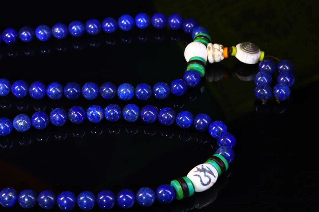 37"Tibetan Temple Collection Old Natural lapis lazuli 108Buddha Beads Necklace Pendant Rosary Town House Exorcism
