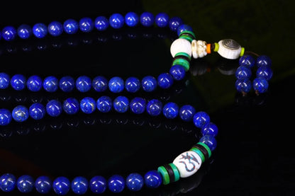 37"Tibetan Temple Collection Old Natural lapis lazuli 108Buddha Beads Necklace Pendant Rosary Town House Exorcism
