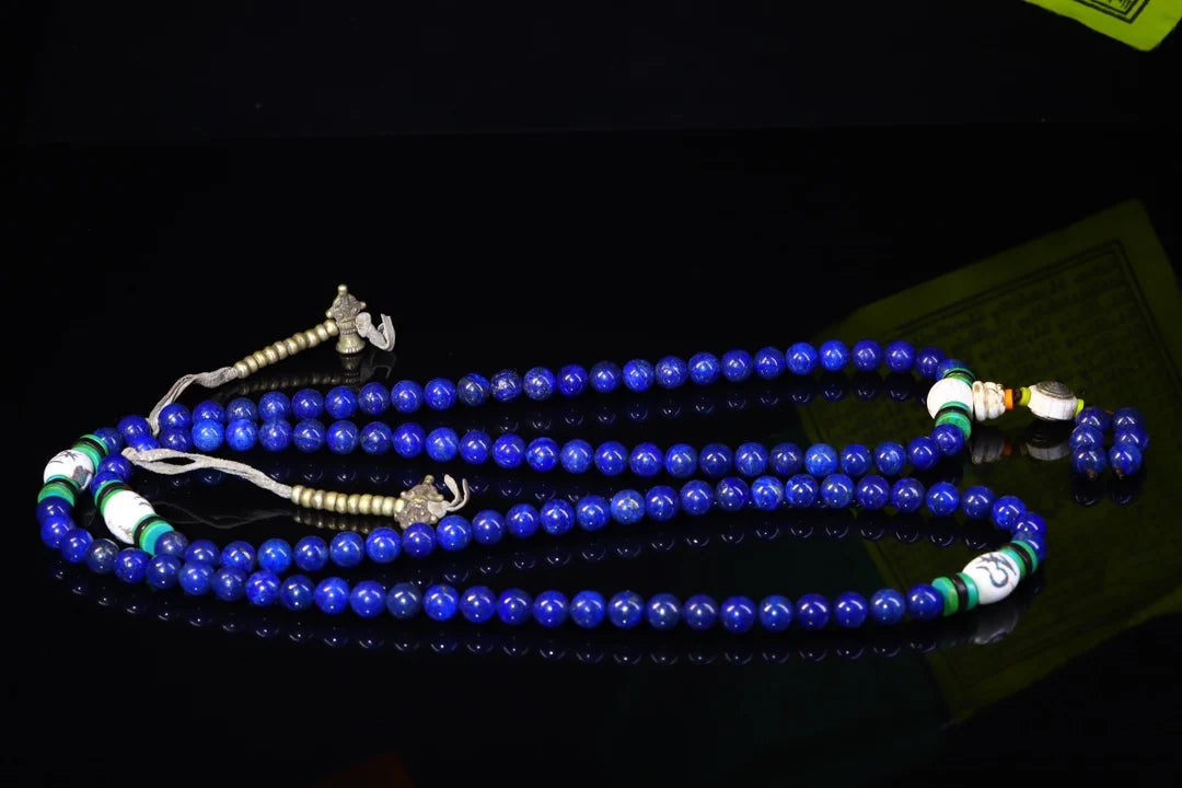 37"Tibetan Temple Collection Old Natural lapis lazuli 108Buddha Beads Necklace Pendant Rosary Town House Exorcism