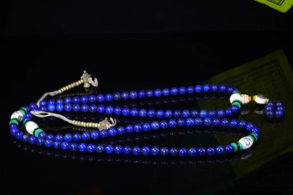 37"Tibetan Temple Collection Old Natural lapis lazuli 108Buddha Beads Necklace Pendant Rosary Town House Exorcism