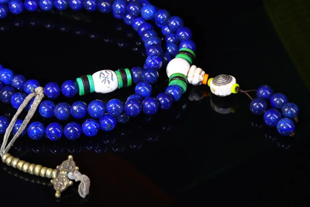 37"Tibetan Temple Collection Old Natural lapis lazuli 108Buddha Beads Necklace Pendant Rosary Town House Exorcism