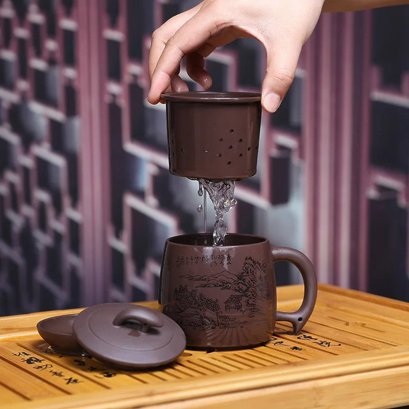 375cc Purple Clay Tea Cup with Lid Filter Inner Bile Teacup Handmade Dragon Pattern Master Cup Chinese Boutique Tea Sets