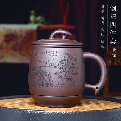 375cc Purple Clay Tea Cup with Lid Filter Inner Bile Teacup Handmade Dragon Pattern Master Cup Chinese Boutique Tea Sets