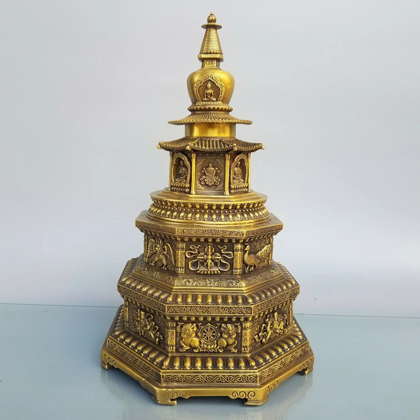 37CM Large Asia Buddhism Worship Temple family home Safety Health wealth Tibet India brass Buddha Pagoda tower talisman