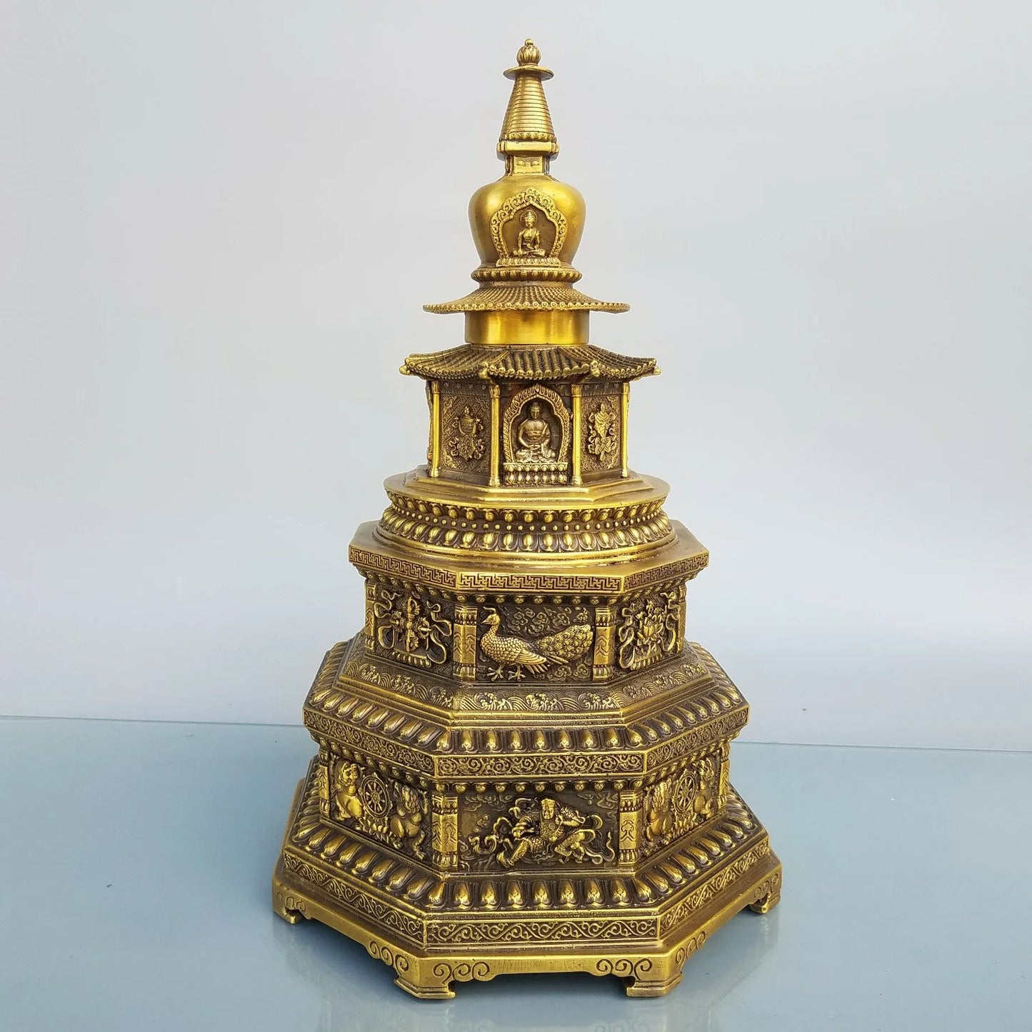 37CM Large Asia Buddhism Worship Temple family home Safety Health wealth Tibet India brass Buddha Pagoda tower talisman