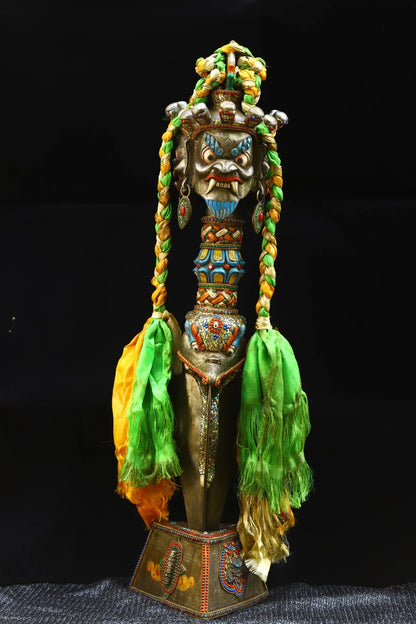 38"Tibetan Temple Collection Old Tiantie Mosaic Gem gZi Beads Mahakala Skull Head Dorje Vajra Phurpa Amulet Dharma Worship Hall