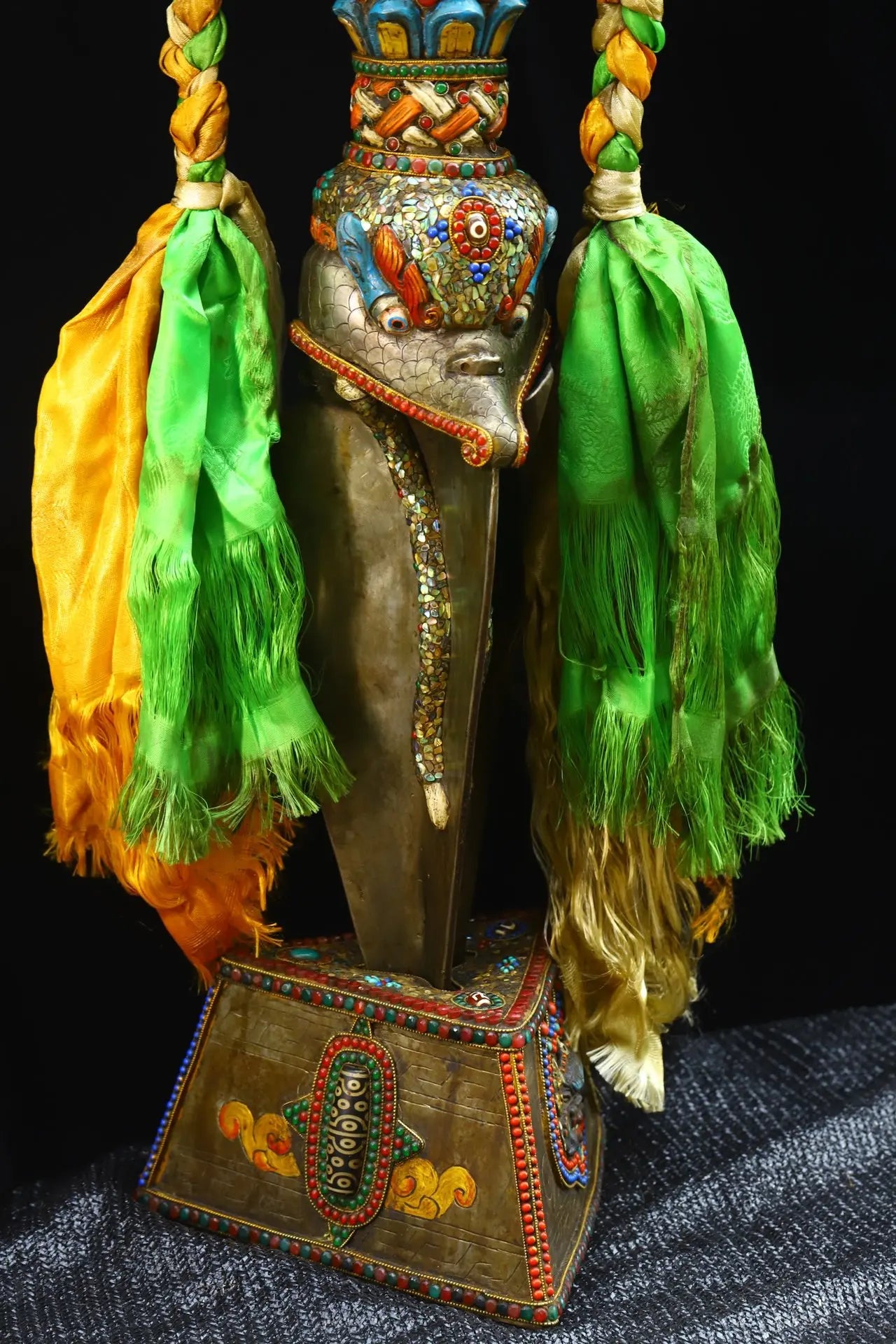 38"Tibetan Temple Collection Old Tiantie Mosaic Gem gZi Beads Mahakala Skull Head Dorje Vajra Phurpa Amulet Dharma Worship Hall