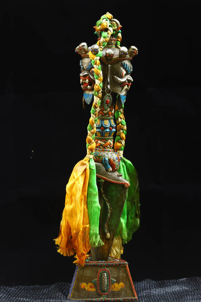 38"Tibetan Temple Collection Old Tiantie Mosaic Gem gZi Beads Mahakala Skull Head Dorje Vajra Phurpa Amulet Dharma Worship Hall