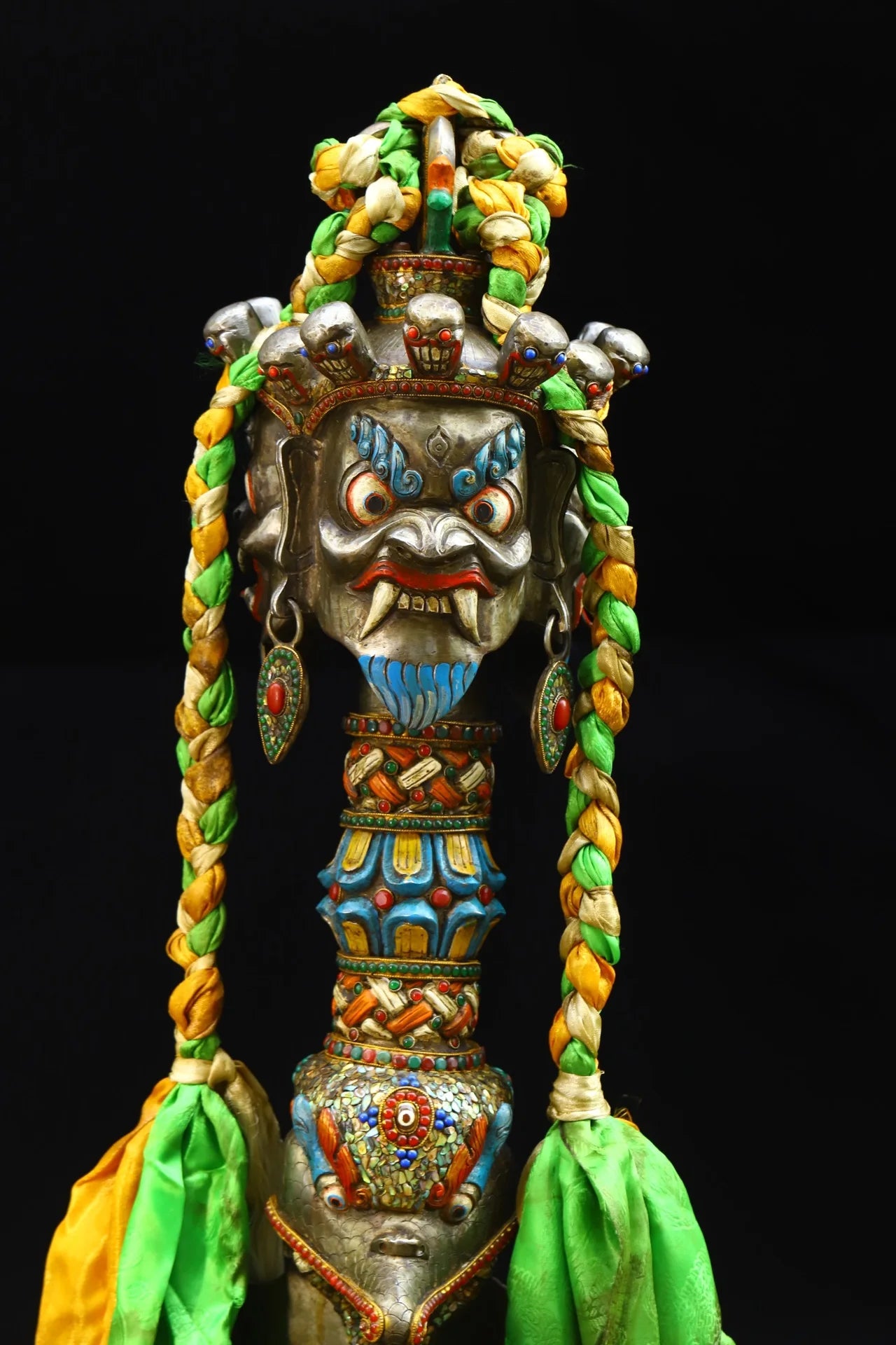 38"Tibetan Temple Collection Old Tiantie Mosaic Gem gZi Beads Mahakala Skull Head Dorje Vajra Phurpa Amulet Dharma Worship Hall