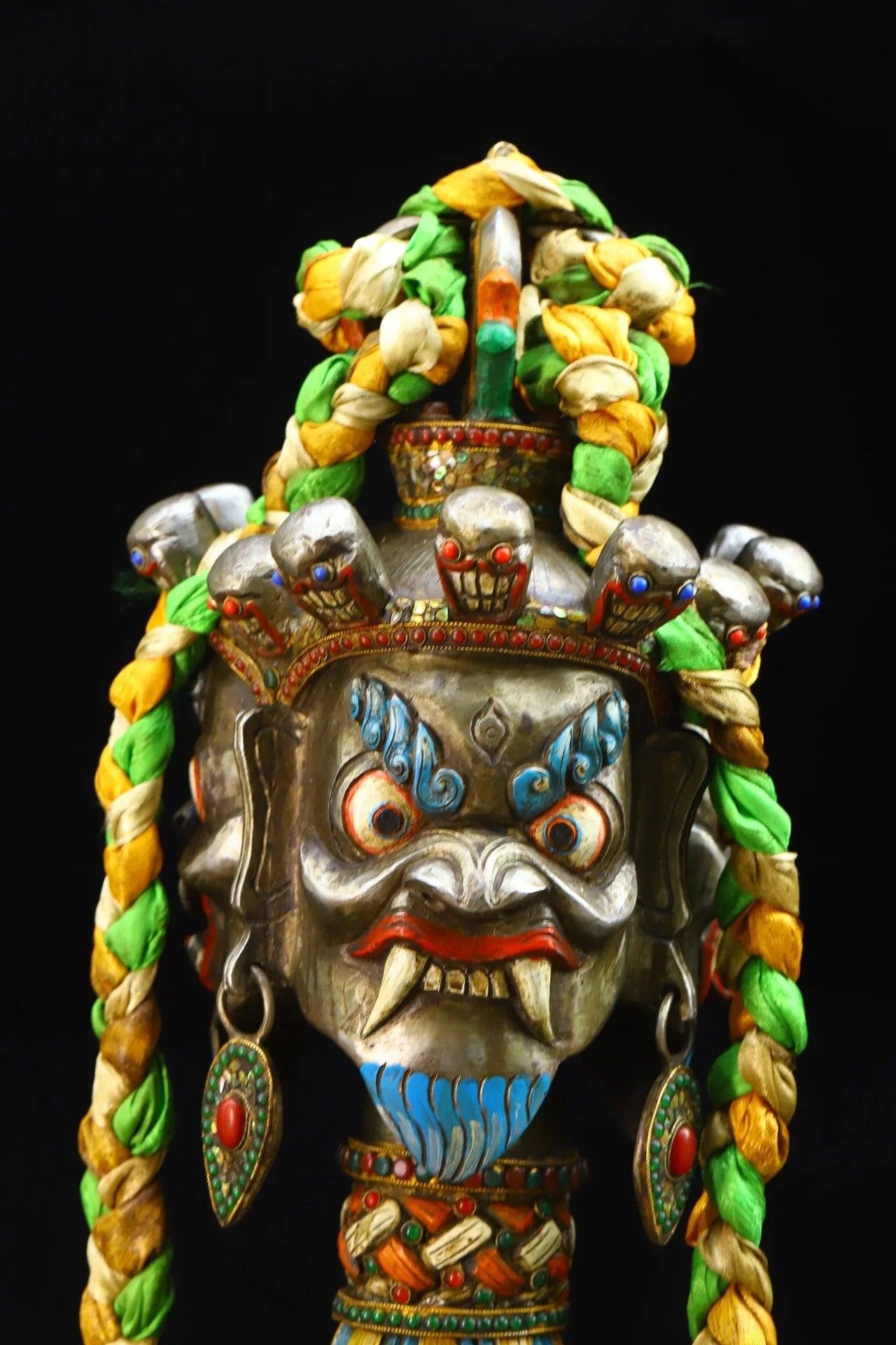 38"Tibetan Temple Collection Old Tiantie Mosaic Gem gZi Beads Mahakala Skull Head Dorje Vajra Phurpa Amulet Dharma Worship Hall