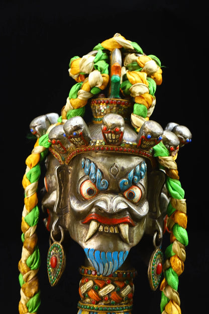 38"Tibetan Temple Collection Old Tiantie Mosaic Gem gZi Beads Mahakala Skull Head Dorje Vajra Phurpa Amulet Dharma Worship Hall