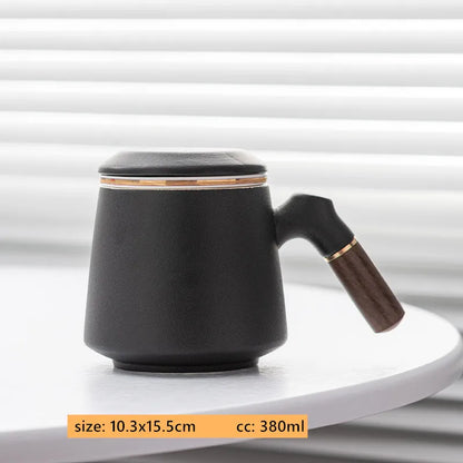 380ml Ceramic Cup with Cover Tea Separation Filter Cup Solid Wooden Handle Mug High-grade Chinese Tea Infuser Custom Teacup