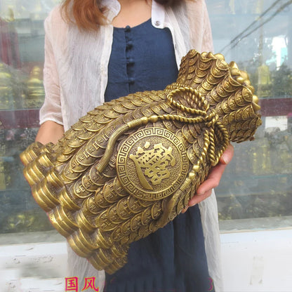38CM large HOME OFFICE Porch lobby efficacious Mascot thriving business copper Auspicious blessing money bag FENG SHUI statue