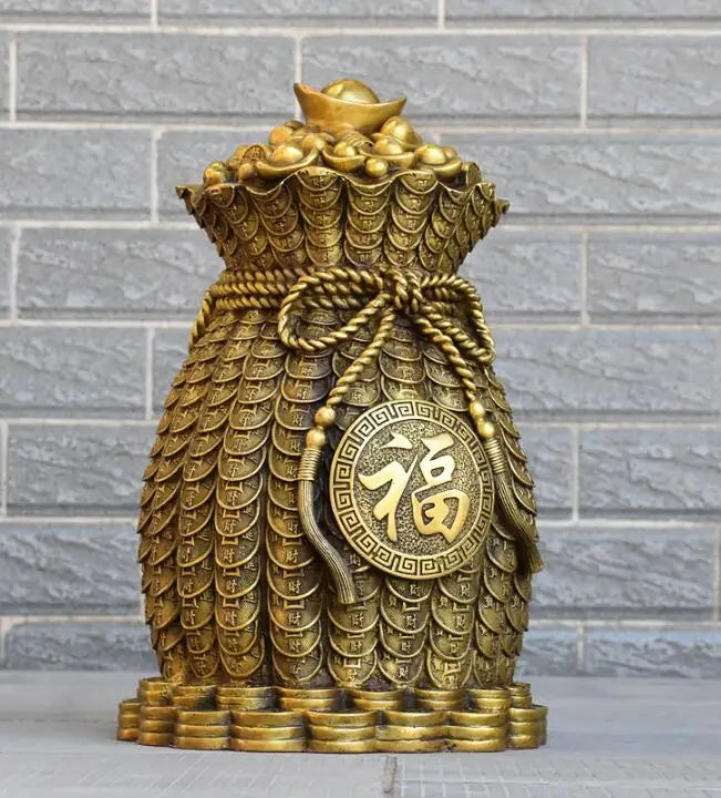 38CM large HOME OFFICE Porch lobby efficacious Mascot thriving business copper Auspicious blessing money bag FENG SHUI statue
