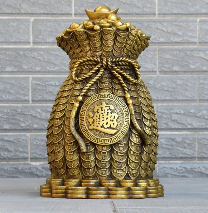 38CM large HOME OFFICE Porch lobby efficacious Mascot thriving business copper Auspicious blessing money bag FENG SHUI statue