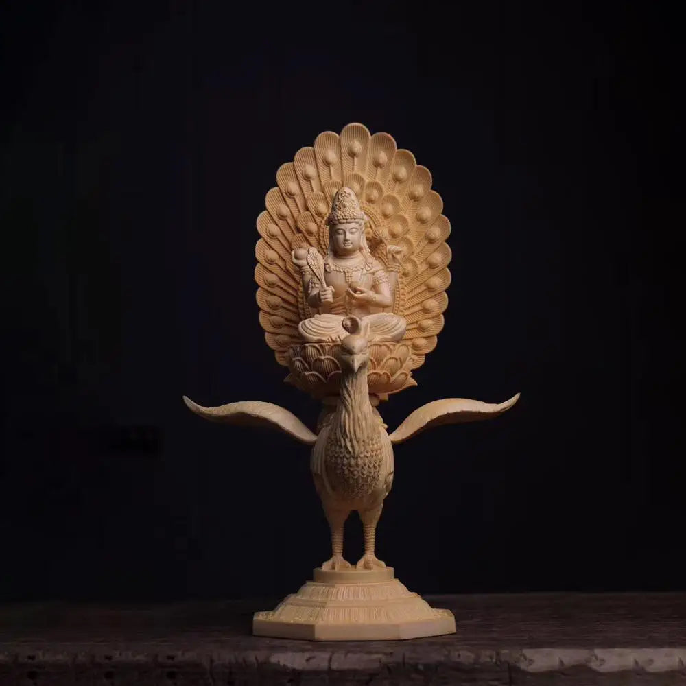 38cm Mahamayuri Figure Cypress Wood Buddha Statue Peacock Maha-mayuri-vidya-rajni Buddha Sculpture Home Decor