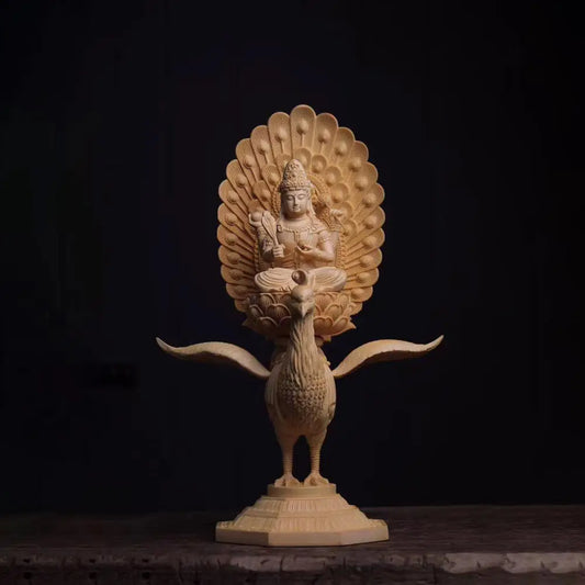 38cm Mahamayuri Figure Cypress Wood Buddha Statue Peacock Maha-mayuri-vidya-rajni Buddha Sculpture Home Decor