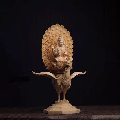 38cm Mahamayuri Figure Cypress Wood Buddha Statue Peacock Maha-mayuri-vidya-rajni Buddha Sculpture Home Decor