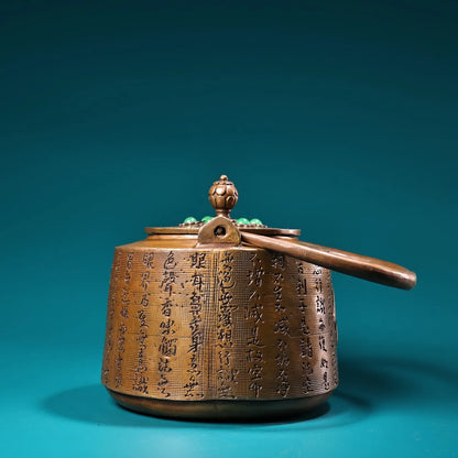 مجموعة معبد التبت ، البرونز القديم ، جوهرة فسيفساء الزنجفر ، الكتاب المقدس البوذي ، وعاء الكتابة اليدوية ، غلاية ، زينة إبريق الشاي ، 8"