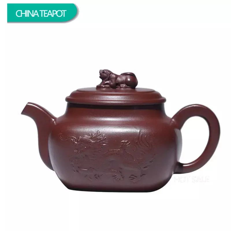 260ml Chinese Yixing High-end Purple Clay Teapots Famous Handmade Square Shape Dragon Pattern Tea Pot Kettle Zisha Tea Set