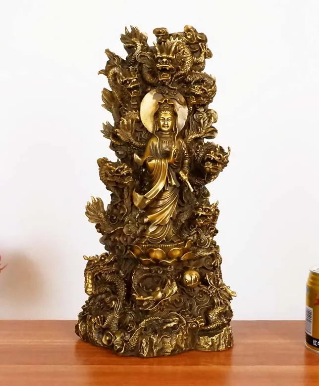 39CM Large home shop living room Good luck Auspicious  9 Dragons Guanyin Buddha Brass FENG SHUI Sculpture Ornament talisman