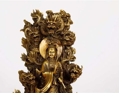 39CM Large home shop living room Good luck Auspicious  9 Dragons Guanyin Buddha Brass FENG SHUI Sculpture Ornament talisman