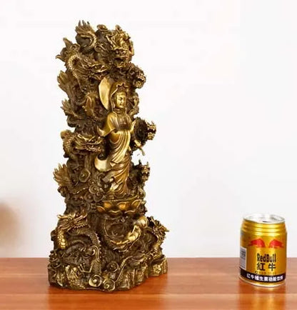 39CM Large home shop living room Good luck Auspicious  9 Dragons Guanyin Buddha Brass FENG SHUI Sculpture Ornament talisman