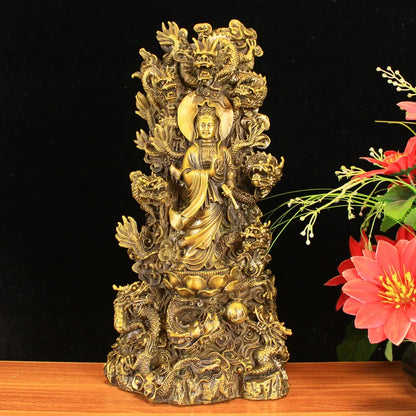 39CM Large home shop living room Good luck Auspicious  9 Dragons Guanyin Buddha Brass FENG SHUI Sculpture Ornament talisman