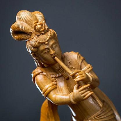 39cm Boxwood Beauty Sculpture Solid Wood Crafts Pipa Dunhuang Flying Fairy Chinese Style Statue Living Room Decoration Ornaments