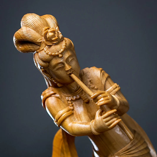 39cm Boxwood Beauty Sculpture Solid Wood Crafts Pipa Dunhuang Flying Fairy Chinese Style Statue Living Room Decoration Ornaments