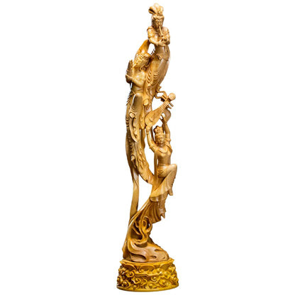 39cm Boxwood Beauty Sculpture Solid Wood Crafts Pipa Dunhuang Flying Fairy Chinese Style Statue Living Room Decoration Ornaments