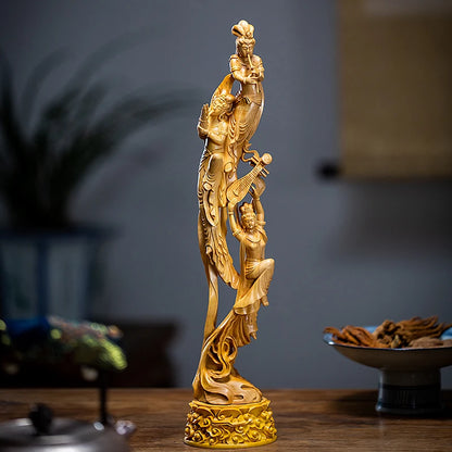 39cm Boxwood Beauty Sculpture Solid Wood Crafts Pipa Dunhuang Flying Fairy Chinese Style Statue Living Room Decoration Ornaments