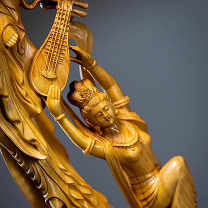 39cm Boxwood Beauty Sculpture Solid Wood Crafts Pipa Dunhuang Flying Fairy Chinese Style Statue Living Room Decoration Ornaments