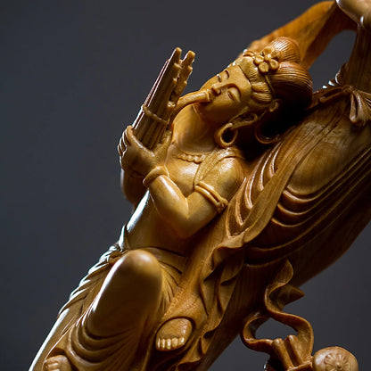 39cm Boxwood Beauty Sculpture Solid Wood Crafts Pipa Dunhuang Flying Fairy Chinese Style Statue Living Room Decoration Ornaments