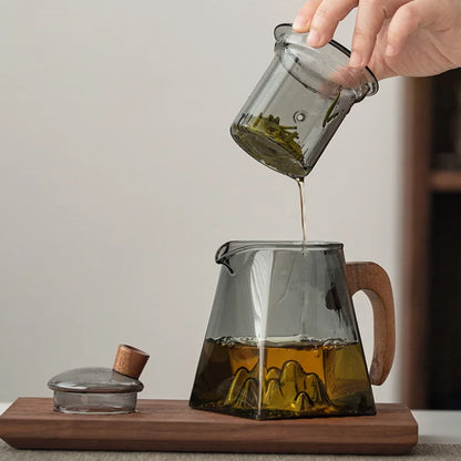 3D Mountains Glass Teapot with Tea Infuser Heat Resistant Glass Tea Pot Clear Kettle Wooden Handle Chinese Kung Fu Tea Sets