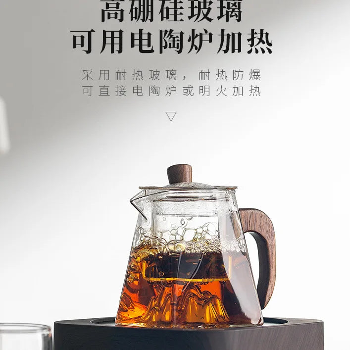 3D Mountains Glass Teapot with Tea Infuser Heat Resistant Glass Tea Pot Clear Kettle Wooden Handle Chinese Kung Fu Tea Sets