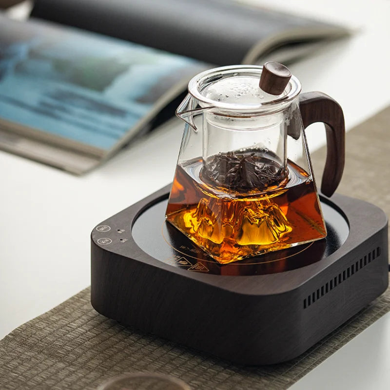 3D Mountains Glass Teapot with Tea Infuser Heat Resistant Glass Tea Pot Clear Kettle Wooden Handle Chinese Kung Fu Tea Sets