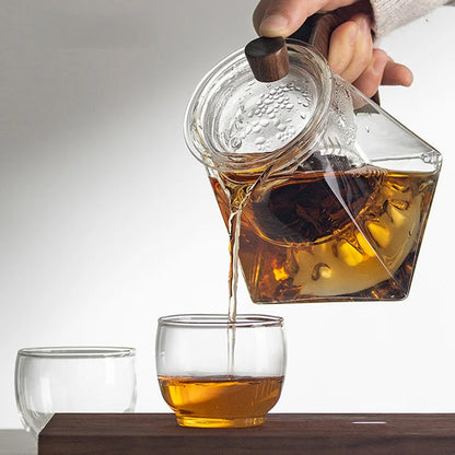 3D Mountains Glass Teapot with Tea Infuser Heat Resistant Glass Tea Pot Clear Kettle Wooden Handle Chinese Kung Fu Tea Sets
